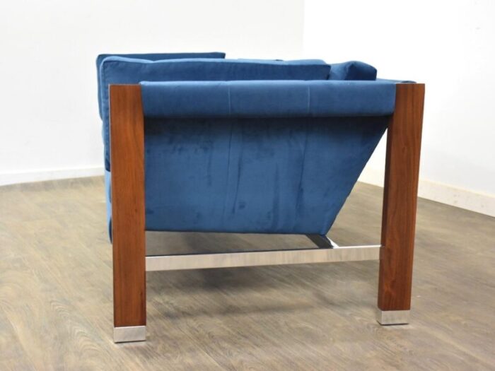 1960s walnut and chrome blue velvet sofa by founders 8382