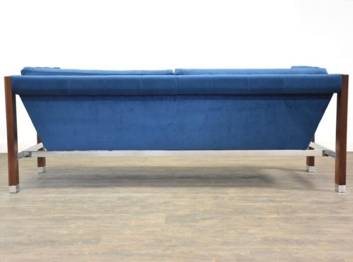 1960s walnut and chrome blue velvet sofa by founders 8482