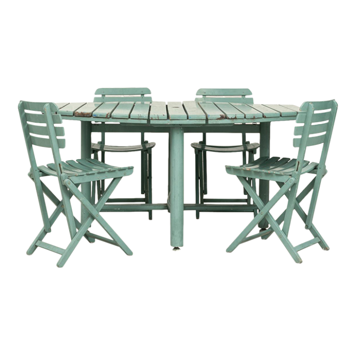 1970s blue vintage wooden garden table and 4 chairs 7615