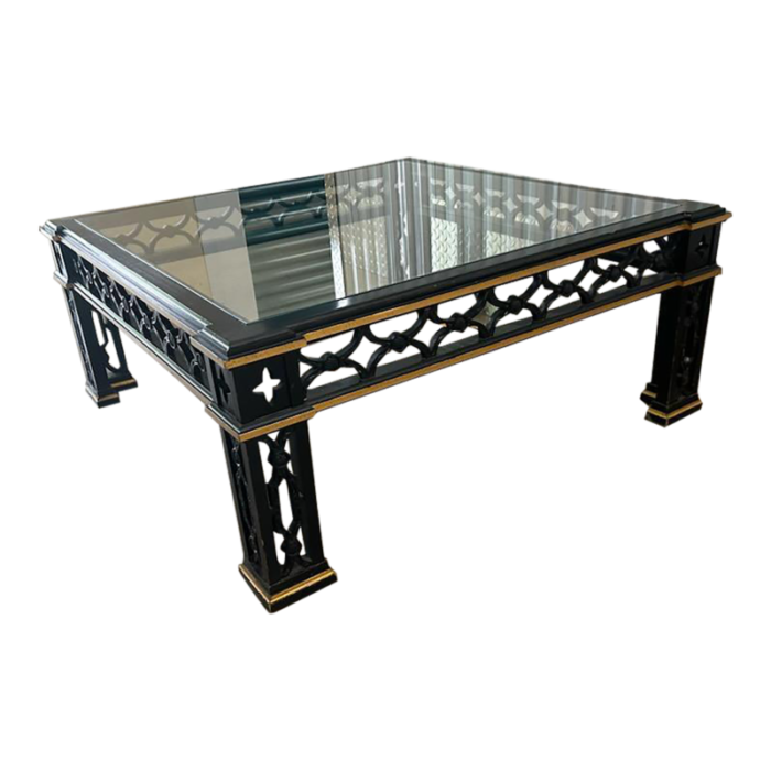 1970s chic black and gold wood fretwork square coffee table 2229