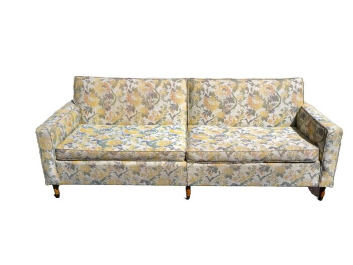 1970s mid century modern floral upholstered pattern sofa couch 0602