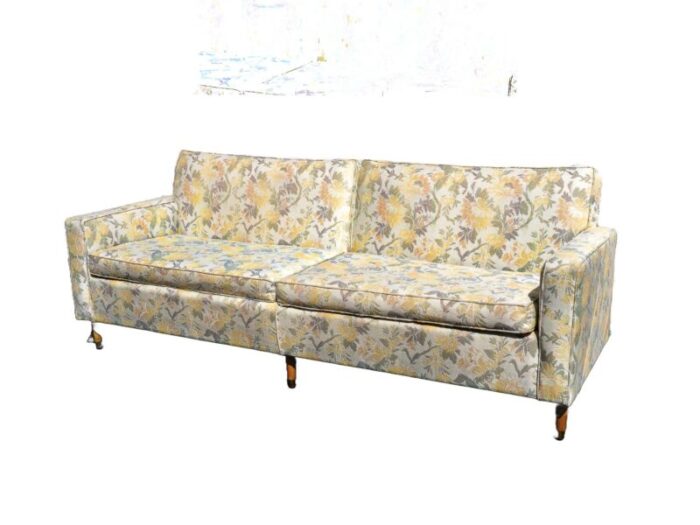 1970s mid century modern floral upholstered pattern sofa couch 1348