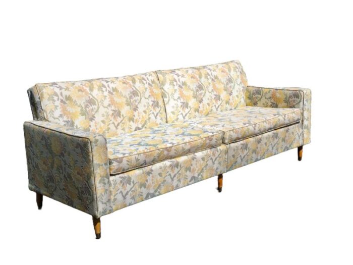 1970s mid century modern floral upholstered pattern sofa couch 5915