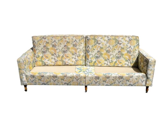 1970s mid century modern floral upholstered pattern sofa couch 7847