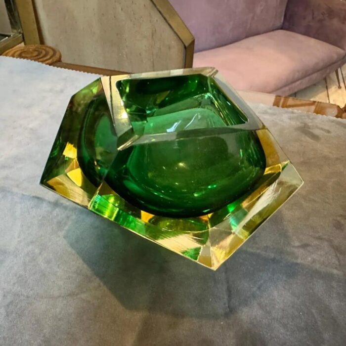 1970s modernist faceted yellow and green sommerso murano glass ashtray by seguso 1084