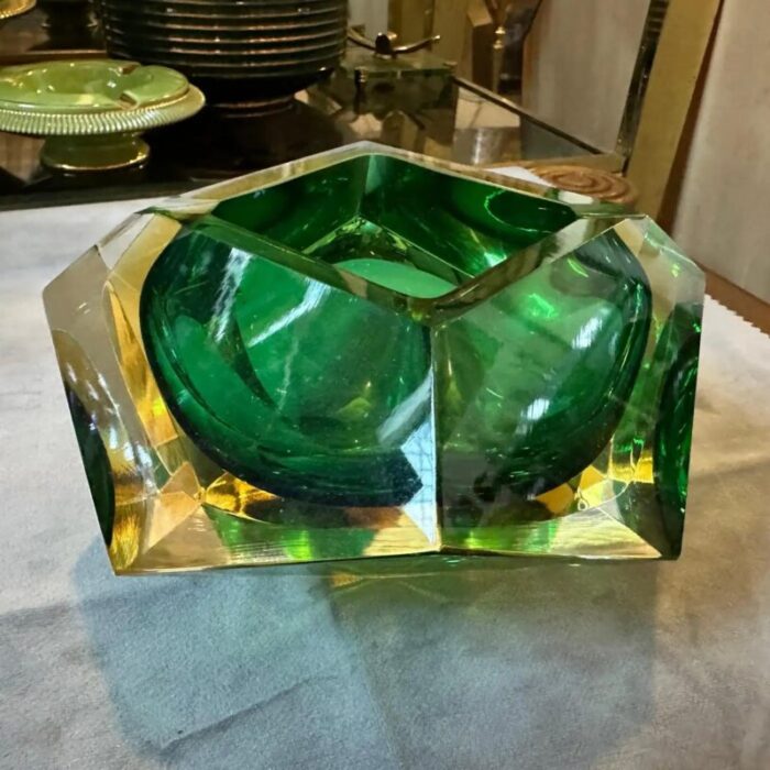 1970s modernist faceted yellow and green sommerso murano glass ashtray by seguso 1995