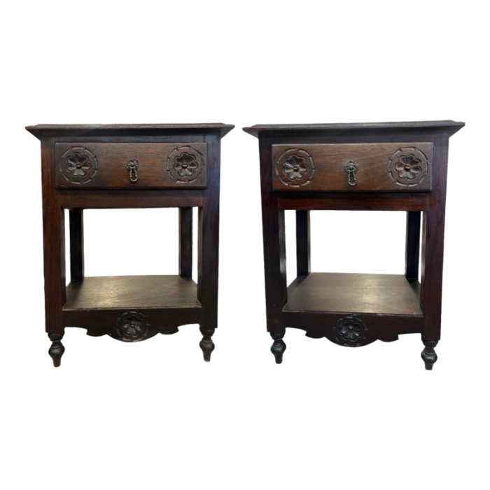 1970s pair of portuguese two tier end tables rose carved facia imported from uk dovetailed drawers 3429