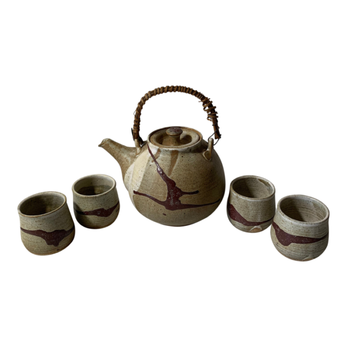 1970s pottery tea pot and cups set 5 pieces 5993