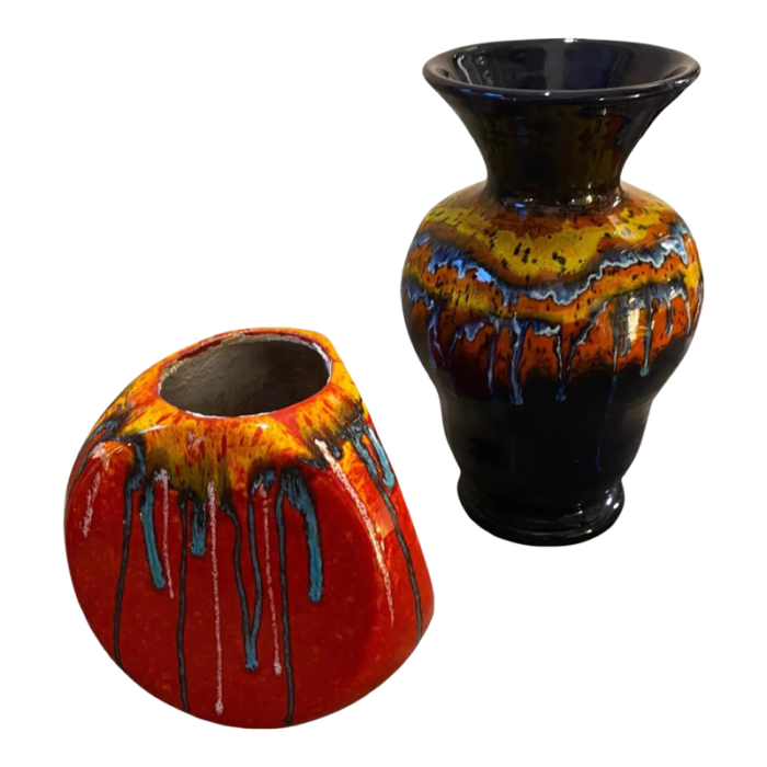 1970s set of two mid century modern polychrome ceramic vases by bertoncello 2459