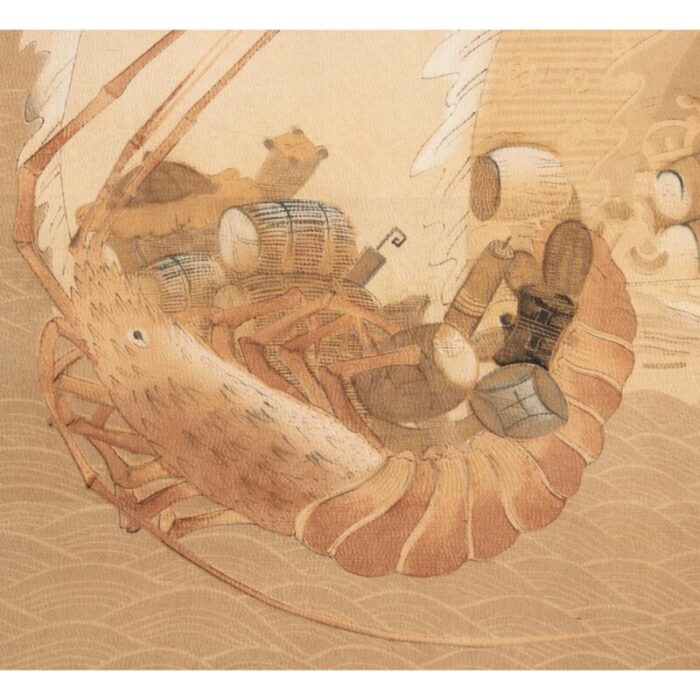 1970s showa era large japanese print on silk lobster boat 1890