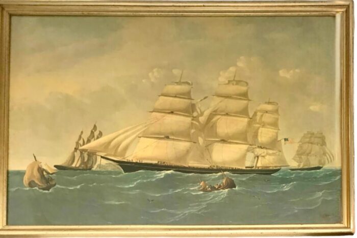 1970s vintage clipper ship print the hurricane in wild sea nautical art framed 7615