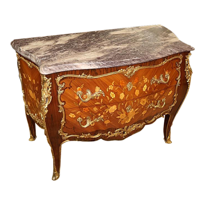 1980s french louis xv style marble top bronze mounted inlaid chest dresser commode 8428