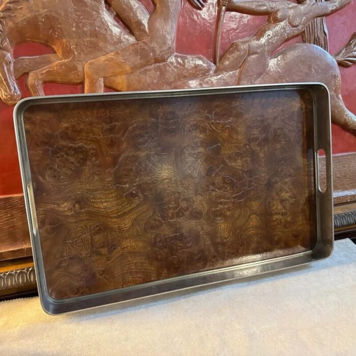 1980s modernist thuya briar and silver plated italian gallery serving tray 2650