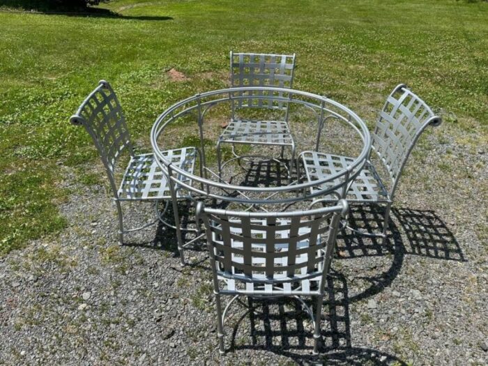 1980s silver powder coated brown jordan round patio dining table and 4 chairs 2134