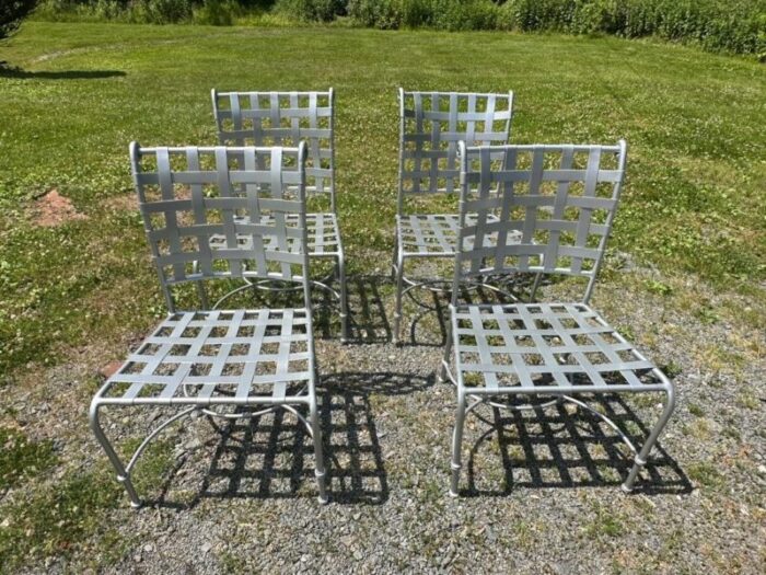 1980s silver powder coated brown jordan round patio dining table and 4 chairs 7043