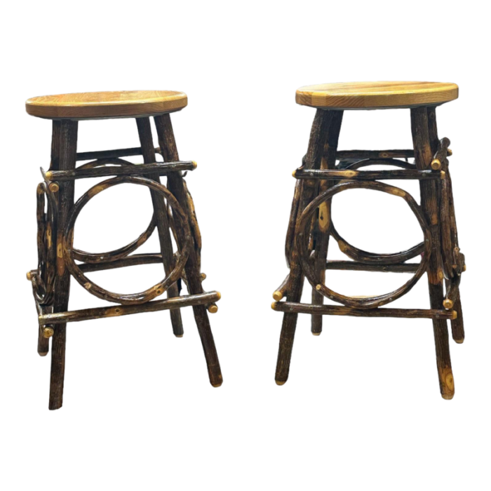 1990s amish folk art hand crafted swivel stools adirondack bentwood hickory and oak a pair 8621