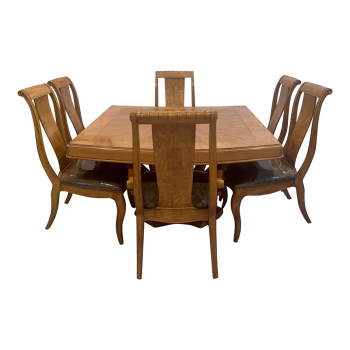 1990s bernhardt burl wood dining room table and chairs expandable set of 7 5011