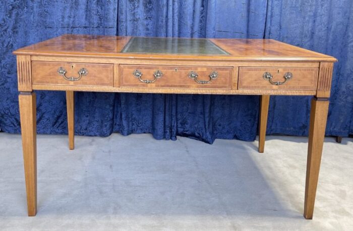 1990s english flame mahogany and leather top library table desk 5617