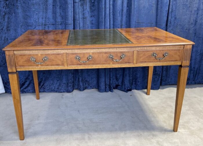 1990s english flame mahogany and leather top library table desk 7091