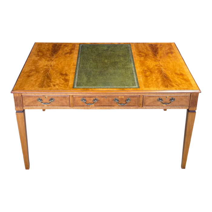 1990s english flame mahogany and leather top library table desk 8024