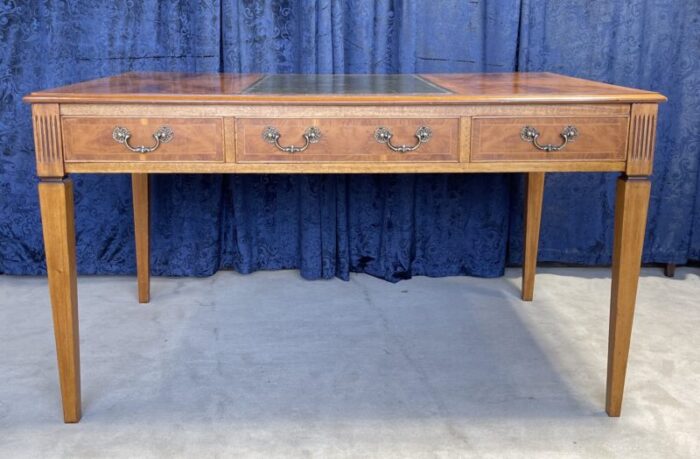 1990s english flame mahogany and leather top library table desk 8253