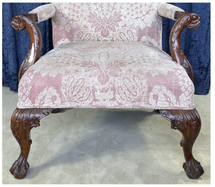 1990s highly carved english style open armchair with mauve and white fabric 1632