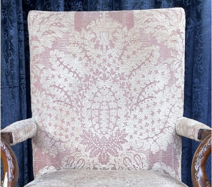 1990s highly carved english style open armchair with mauve and white fabric 4790