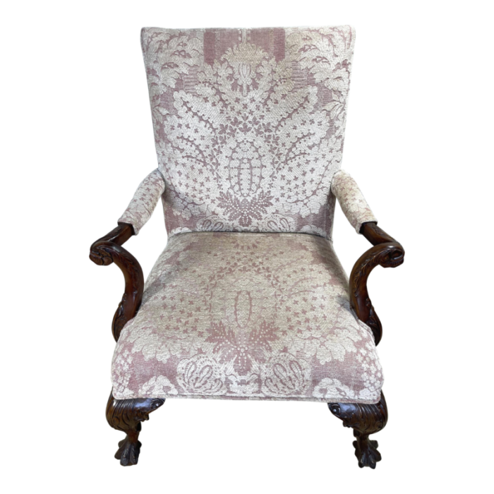 1990s highly carved english style open armchair with mauve and white fabric 5644