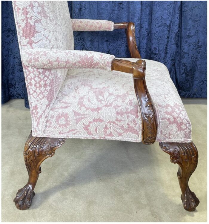 1990s highly carved english style open armchair with mauve and white fabric 9561