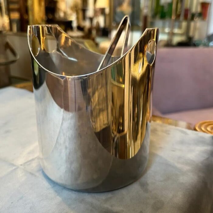 1990s modernist silver plated ice bucket and tongue by lino sabattini 2617