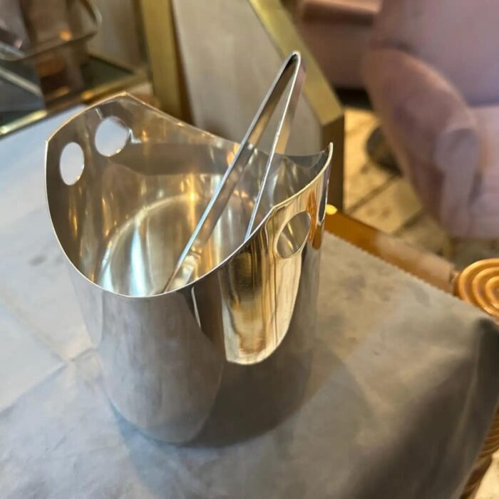 1990s modernist silver plated ice bucket and tongue by lino sabattini 6882