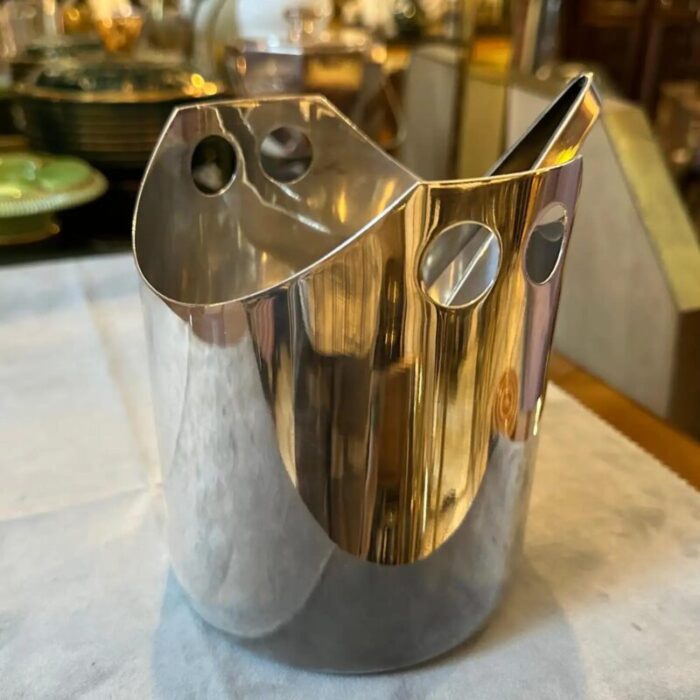 1990s modernist silver plated ice bucket and tongue by lino sabattini 7460