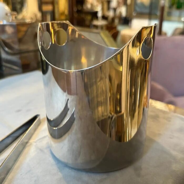 1990s modernist silver plated ice bucket and tongue by lino sabattini 8620