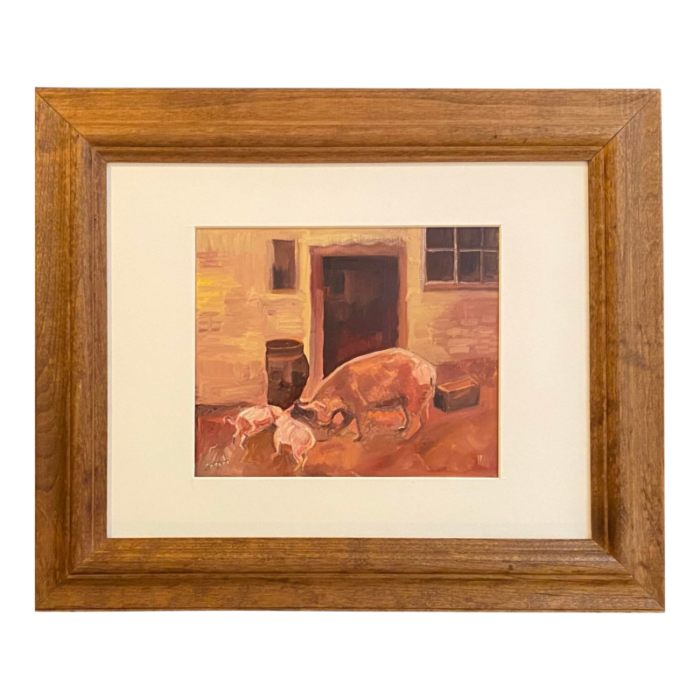 1990s original impressionist style oil painting of hog and piglets by satori gregorakis framed 0795