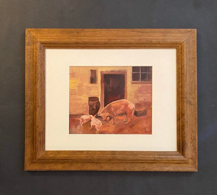 1990s original impressionist style oil painting of hog and piglets by satori gregorakis framed 2654