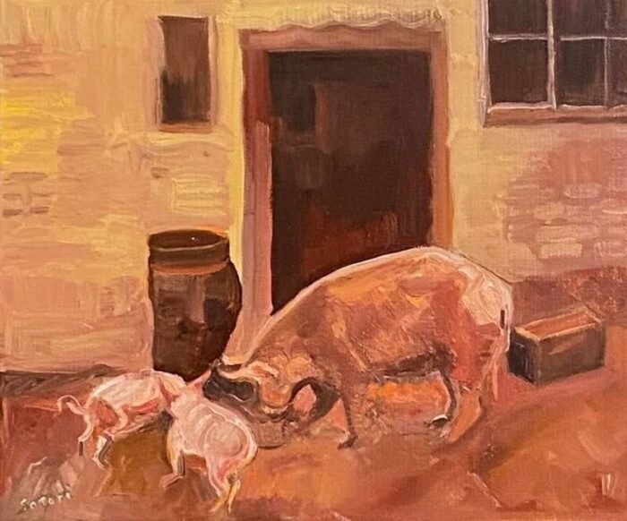 1990s original impressionist style oil painting of hog and piglets by satori gregorakis framed 6656