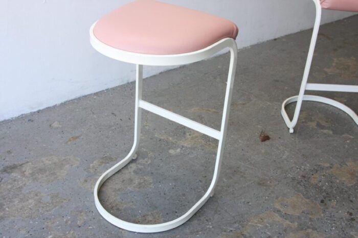 1990s vintage postmodern bar stools milo baughman style cantilever cal style white and mauve set of 3 2251