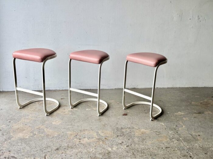 1990s vintage postmodern bar stools milo baughman style cantilever cal style white and mauve set of 3 4529