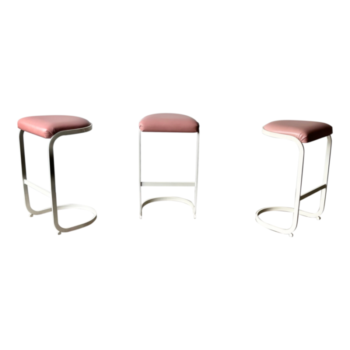 1990s vintage postmodern bar stools milo baughman style cantilever cal style white and mauve set of 3 5216