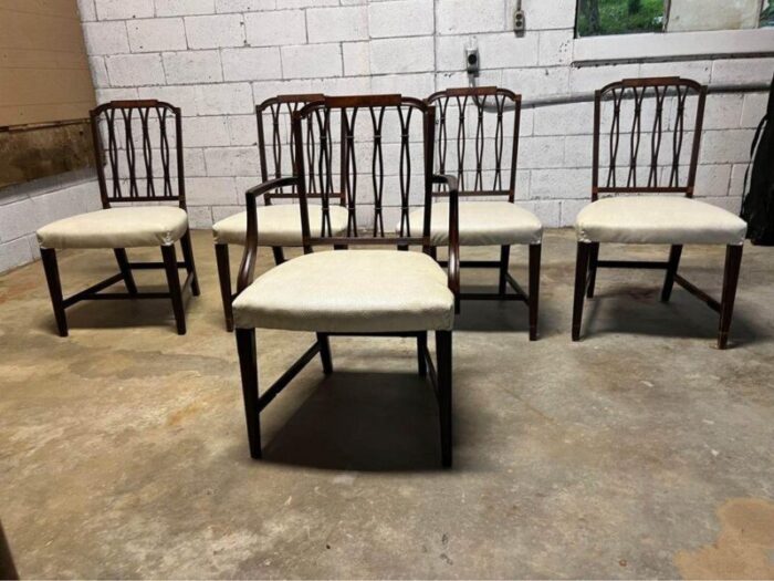 19th century antique set of five federal style upholstered dining chairs with satinwood inlay dining chairs 6670