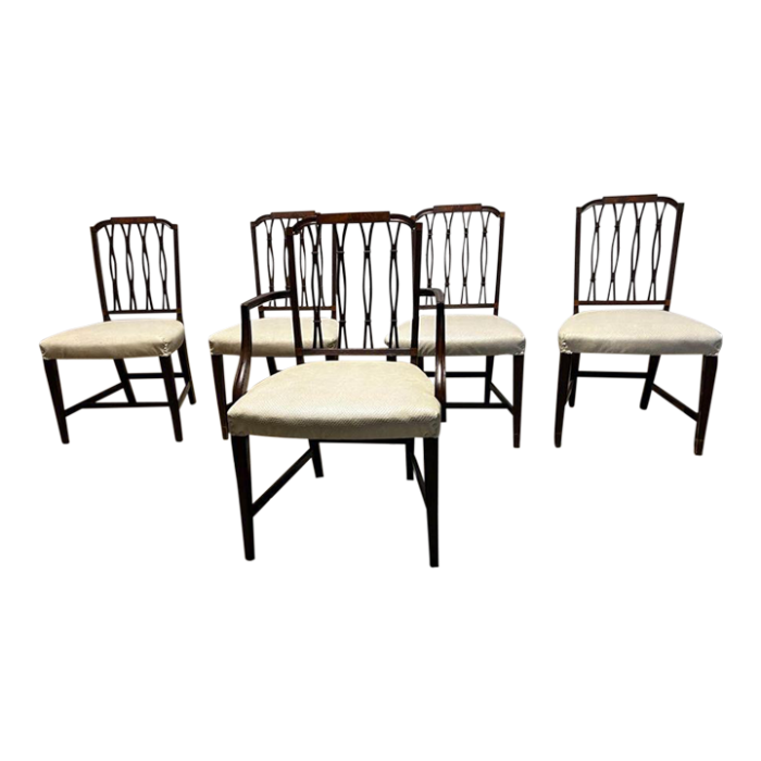 19th century antique set of five federal style upholstered dining chairs with satinwood inlay dining chairs 9581