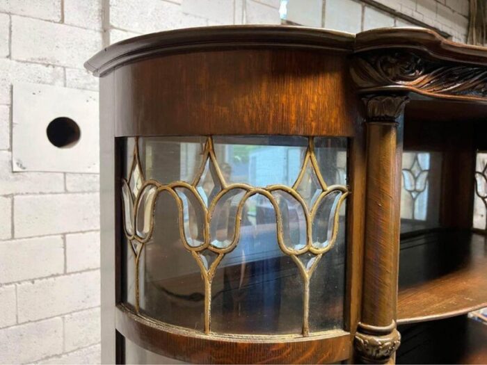 19th century antique victorian style leaded glass tiger oak bow front curio cabinet 0775