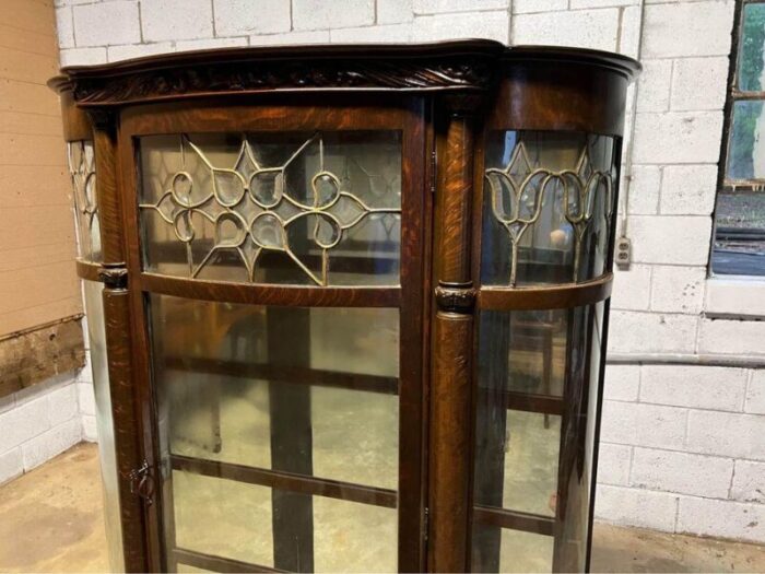 19th century antique victorian style leaded glass tiger oak bow front curio cabinet 3617