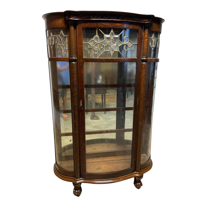 19th century antique victorian style leaded glass tiger oak bow front curio cabinet 4409