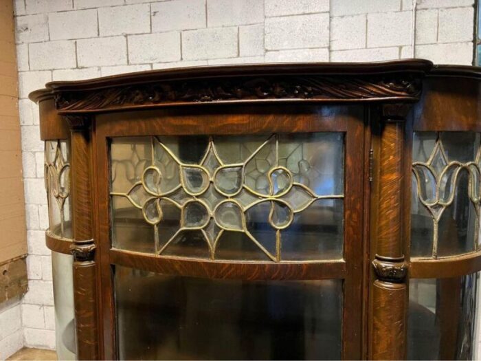 19th century antique victorian style leaded glass tiger oak bow front curio cabinet 4449