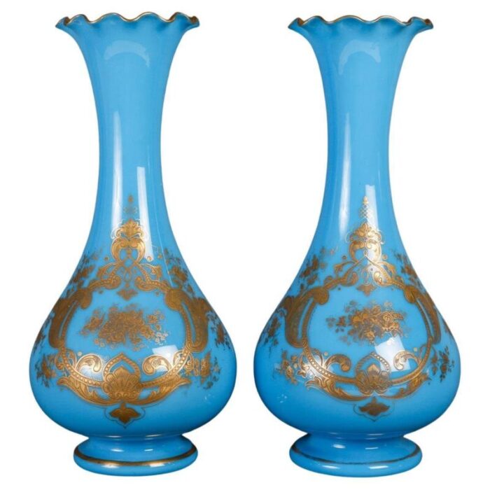 19th century blue opaline vases set of 2 1