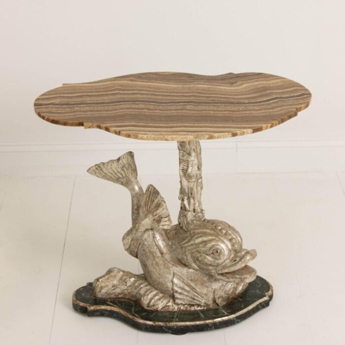 19th century italian silver leaf dolphin side table with original wood grain onyx top 0811