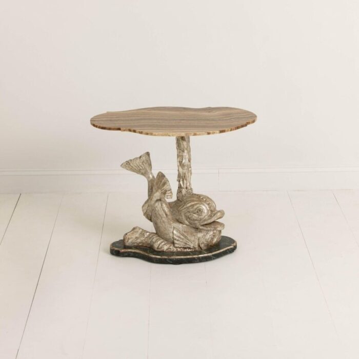 19th century italian silver leaf dolphin side table with original wood grain onyx top 2114