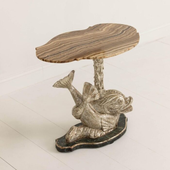 19th century italian silver leaf dolphin side table with original wood grain onyx top 6046