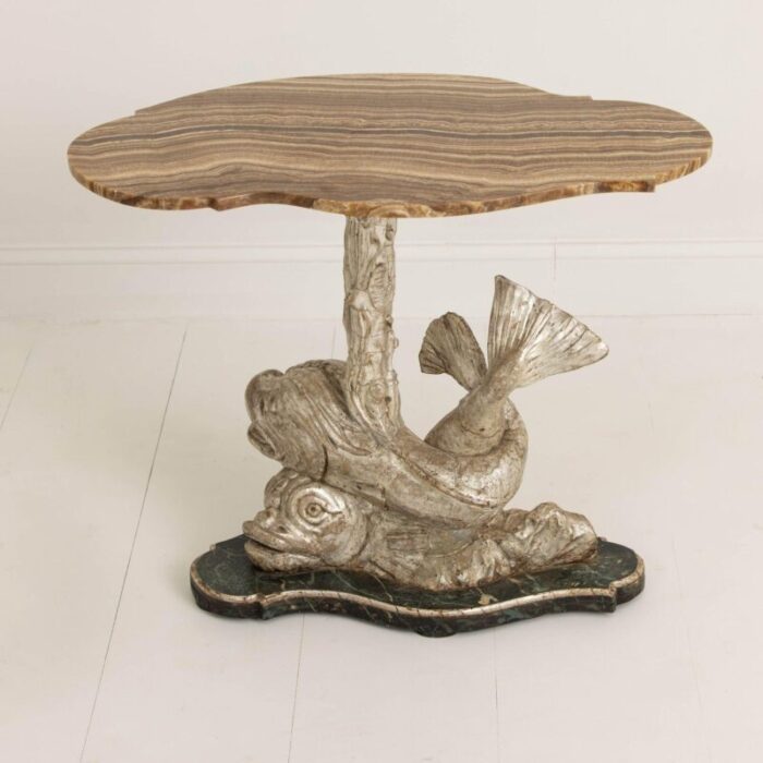 19th century italian silver leaf dolphin side table with original wood grain onyx top 8056